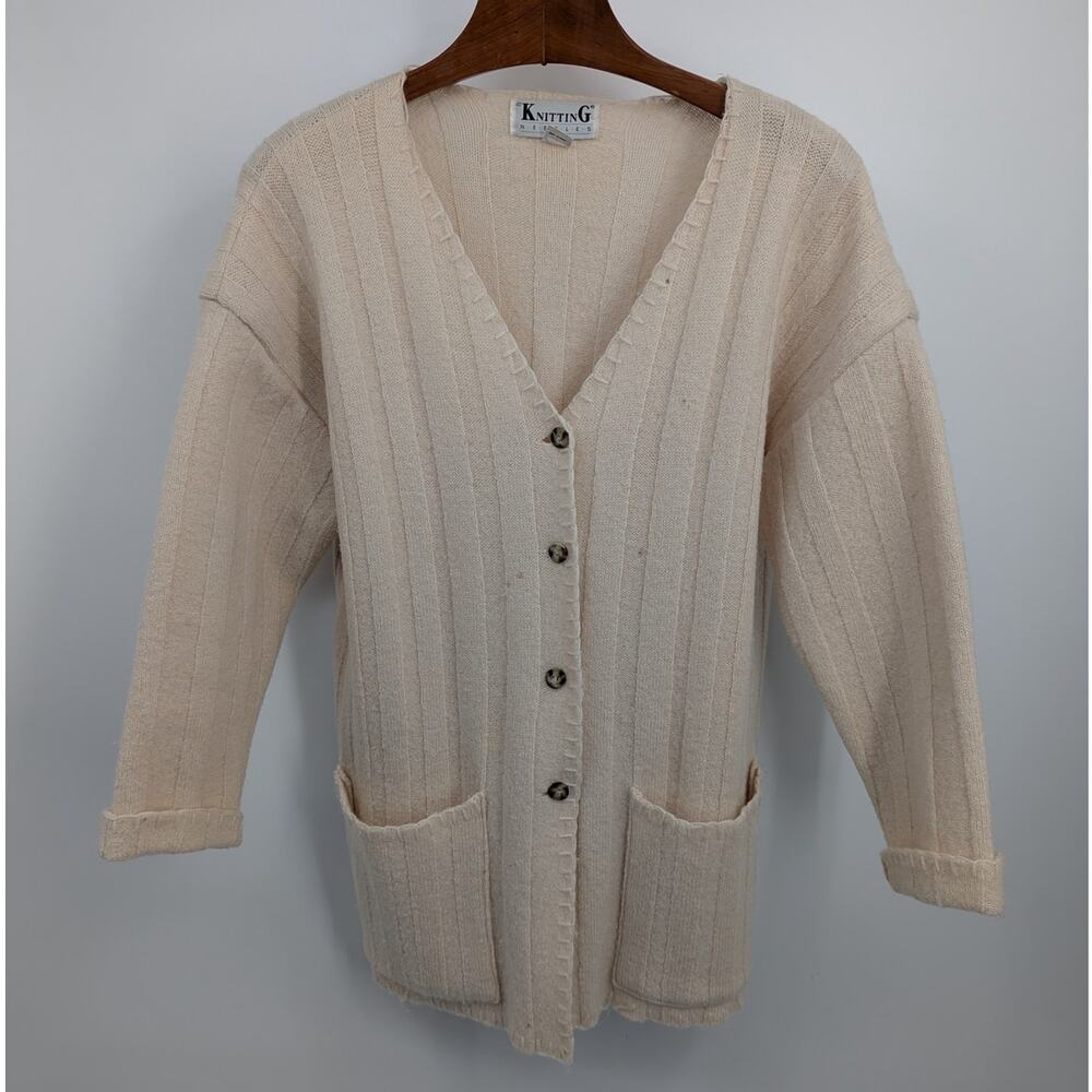 Vintage Knitting Needles 100% Wool Cardigan Sweater Cream Button Front Size XL